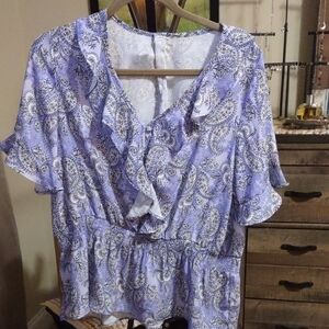 Cato Lavender Paisley Ruffle Peplum Blouse